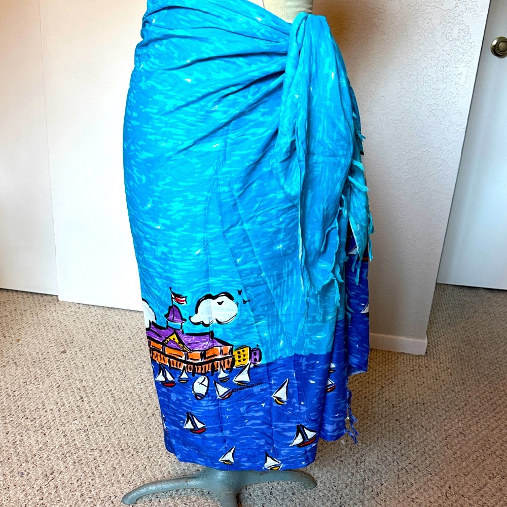 Sally Huss Colorful Scarf, Sarong, Wrap with Nautical Print Sailboats